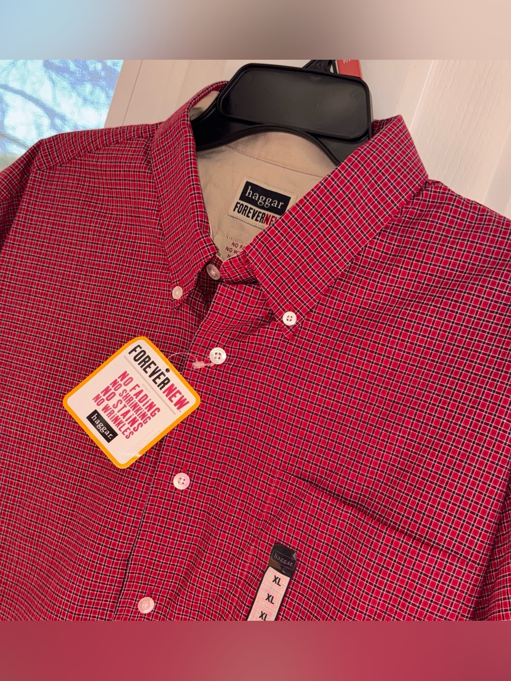 Haggar ForeverNew Mens XL Red Plaid Button Down Shirt NWT Wrinkle Resistant SS - Picture 1 of 9